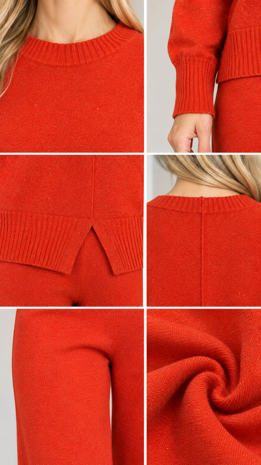 Close-up details of ribbed neckline, cuffs, back split hem, and knit fabric texture