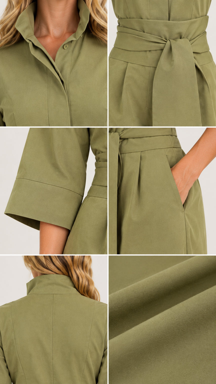 Close-up details of collar, waist tie, cuff, side pocket, and fabric texture on olive green jumpsuit