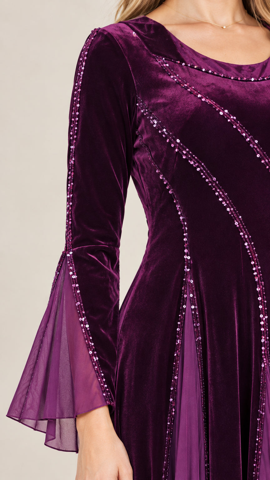 Close-up of sequin embellishments on purple velvet dress neckline and sleeve