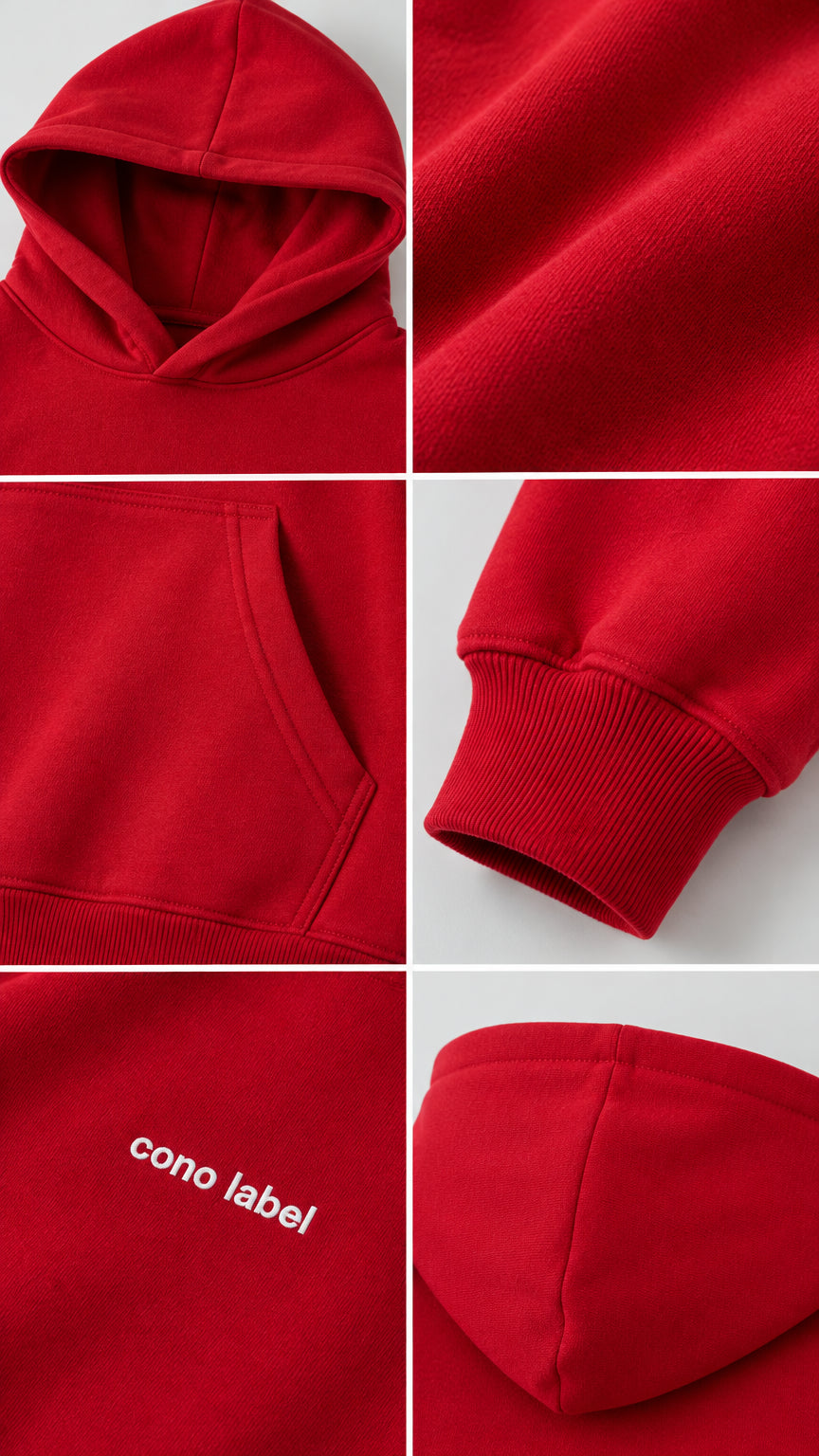 Detailed close-up views of red hoodie hood, fabric texture, ribbed cuff, and kangaroo pocket