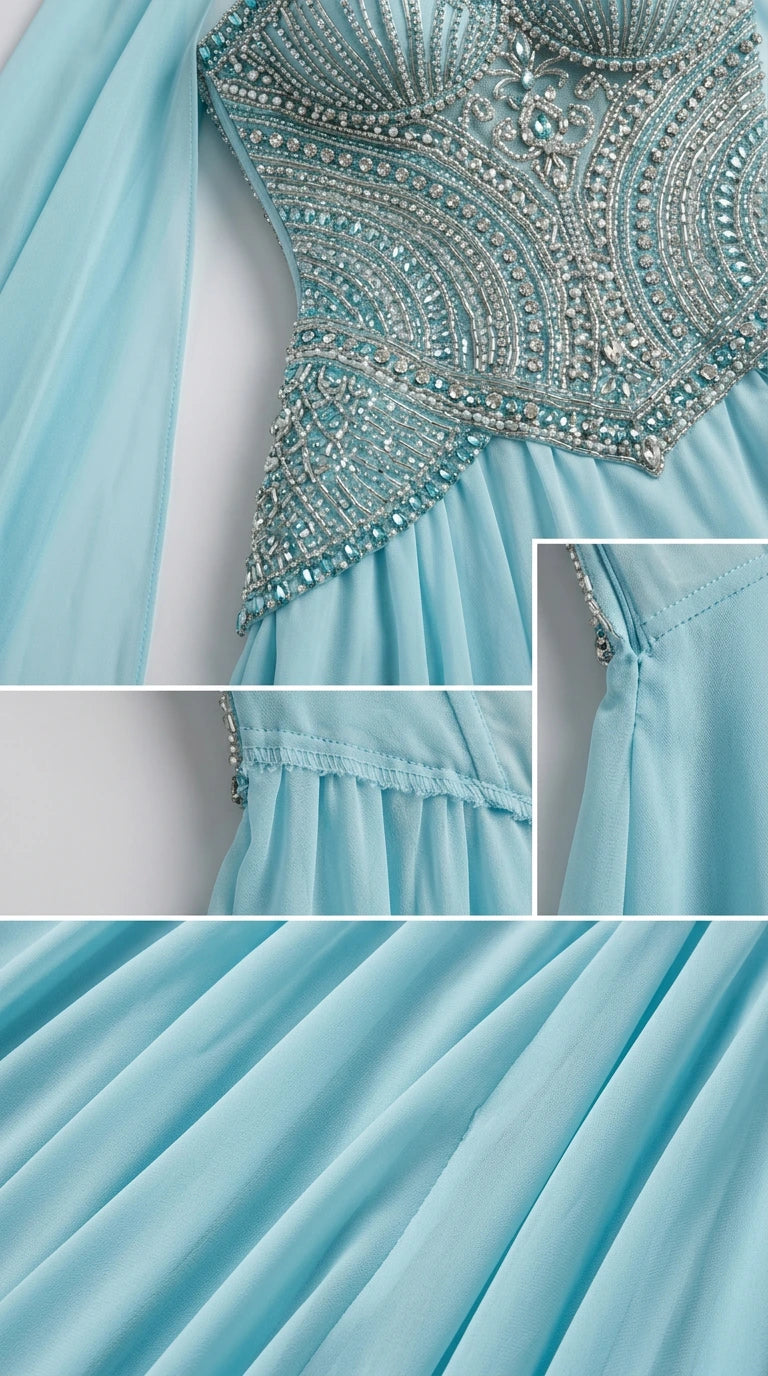 Close-up details of embellished rhinestone bodice, seam construction, and pleated chiffon fabric