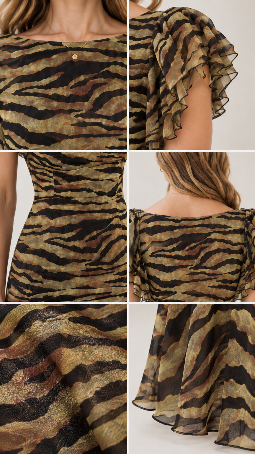 Close-up details of neckline, ruffle sleeve, ruched waist, and sheer printed fabric