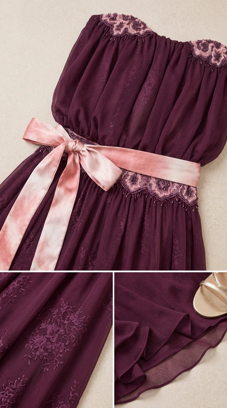 Close-up details of embroidered lace neckline, waist sash, and delicate hem fabric