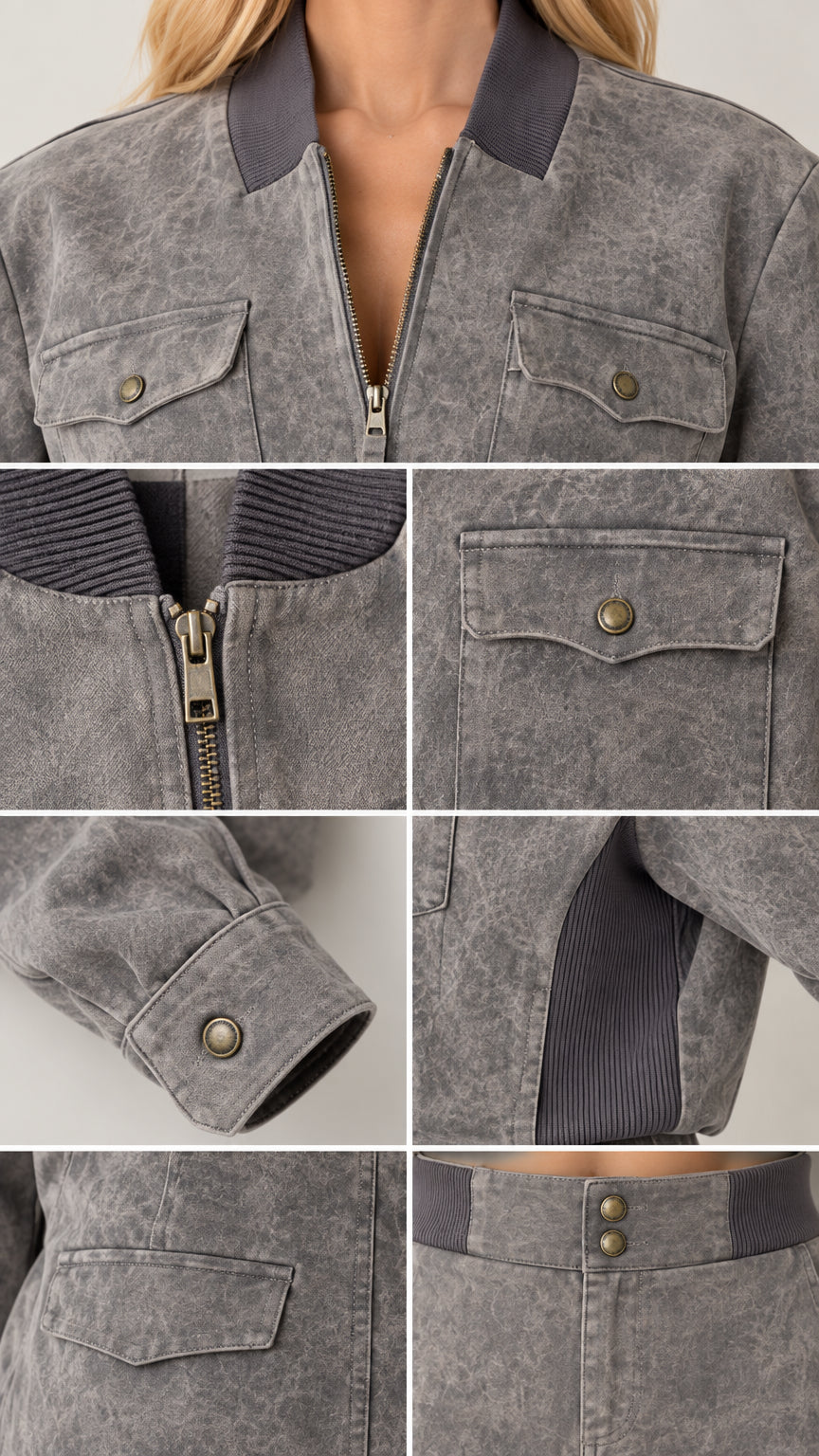 Close-up details of ribbed collar, zip front, and pocket craftsmanship
