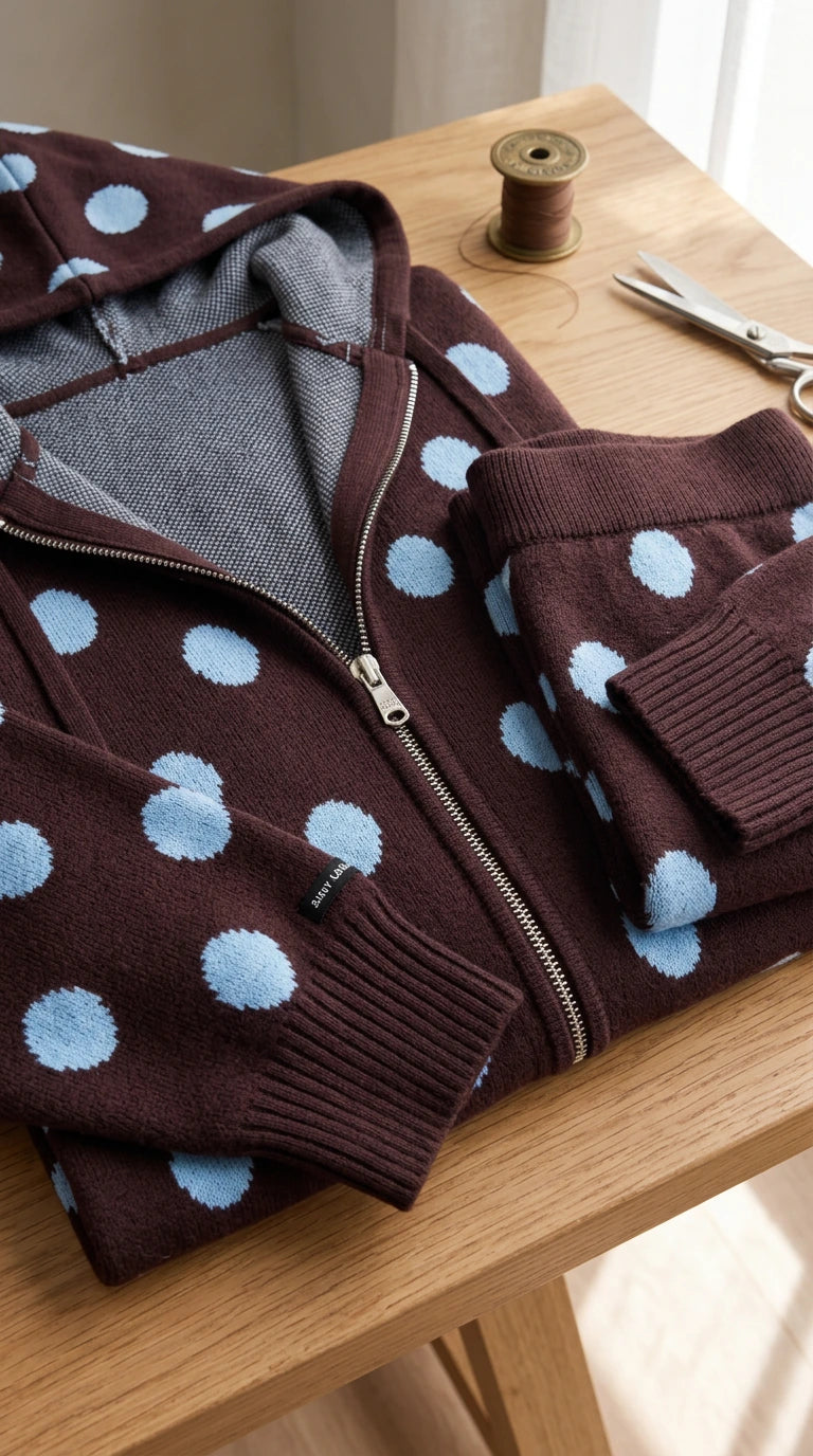 Close-up flat lay of folded brown knit hoodie with metal zipper and matching polka dot pants