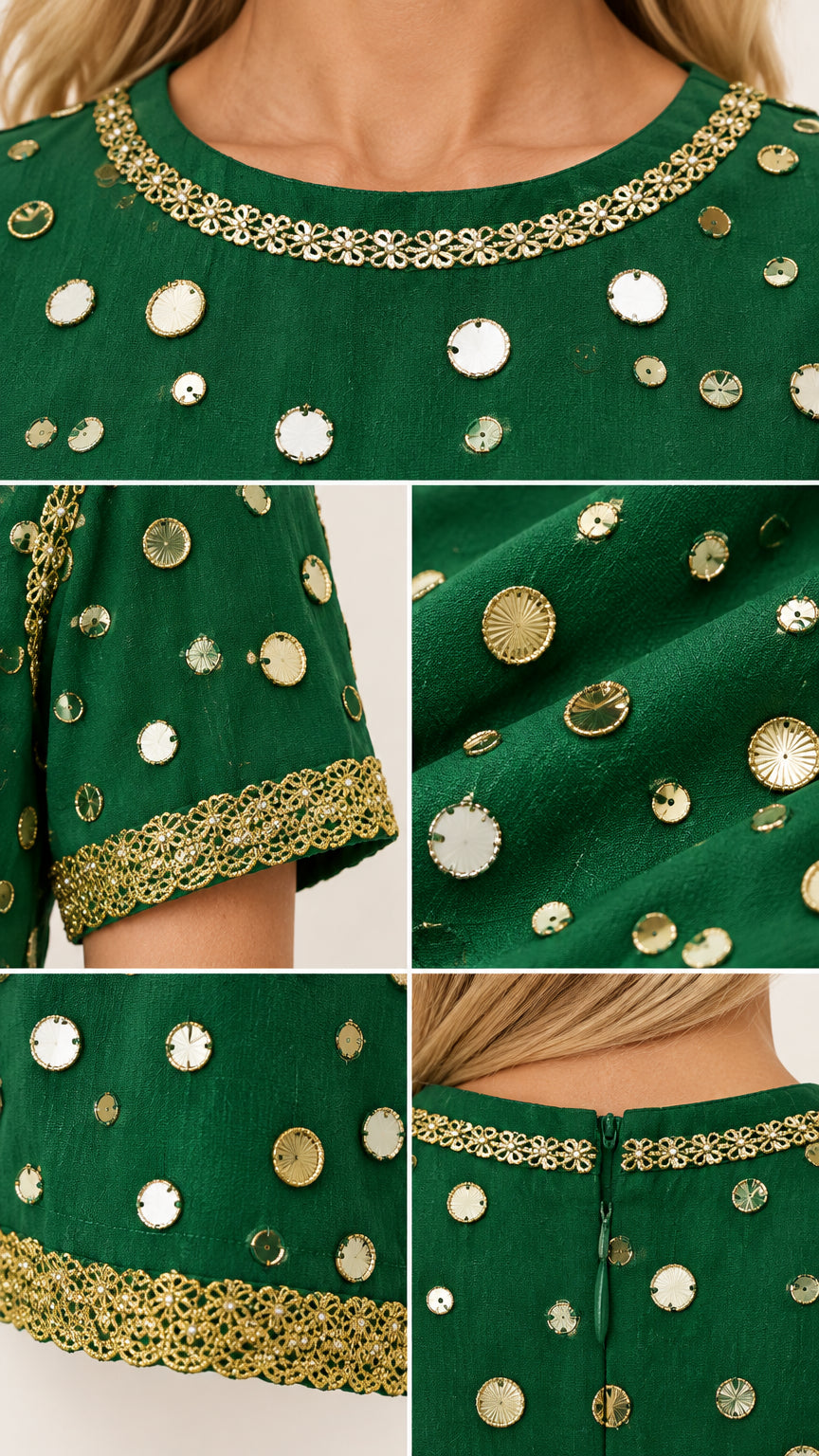 Detailed close-ups of metallic neckline trim, disc sequins, and back zipper
