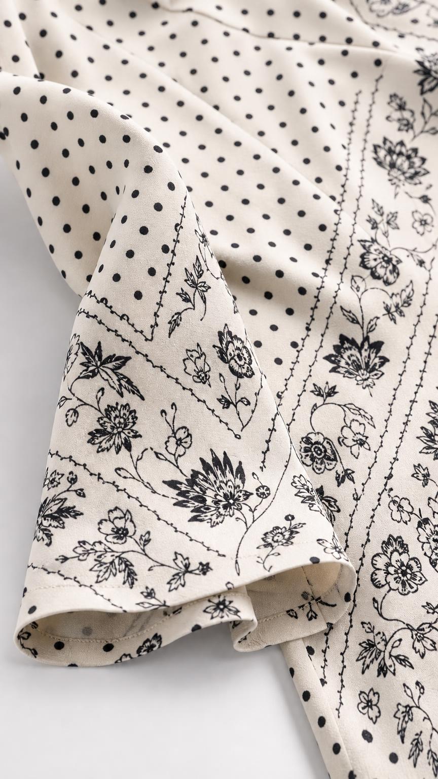 Close up fabric detail of cream dress with dot and floral pattern