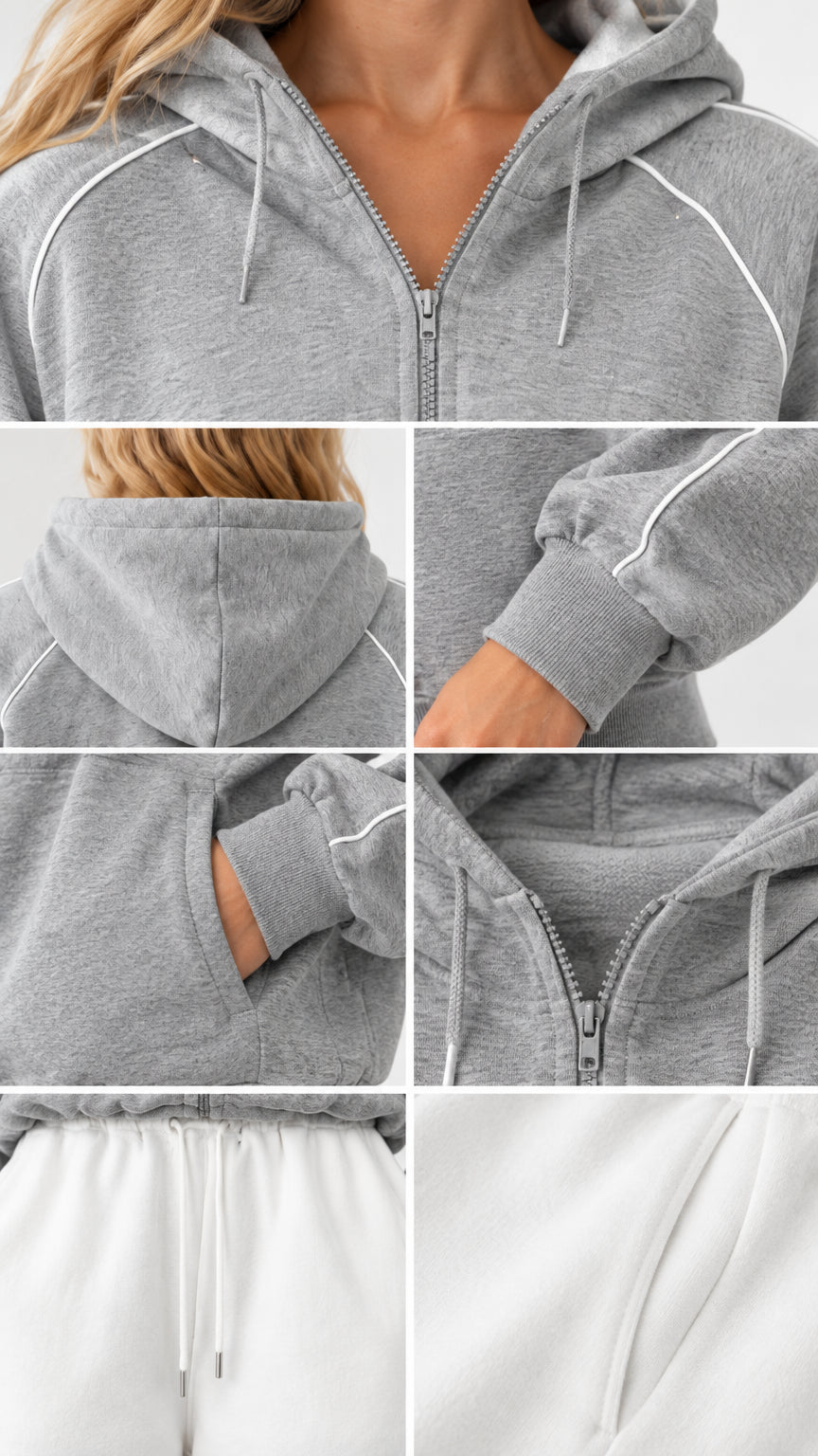 Close-up details of piping, metal zipper, ribbed cuff, pocket, and drawstring waistband