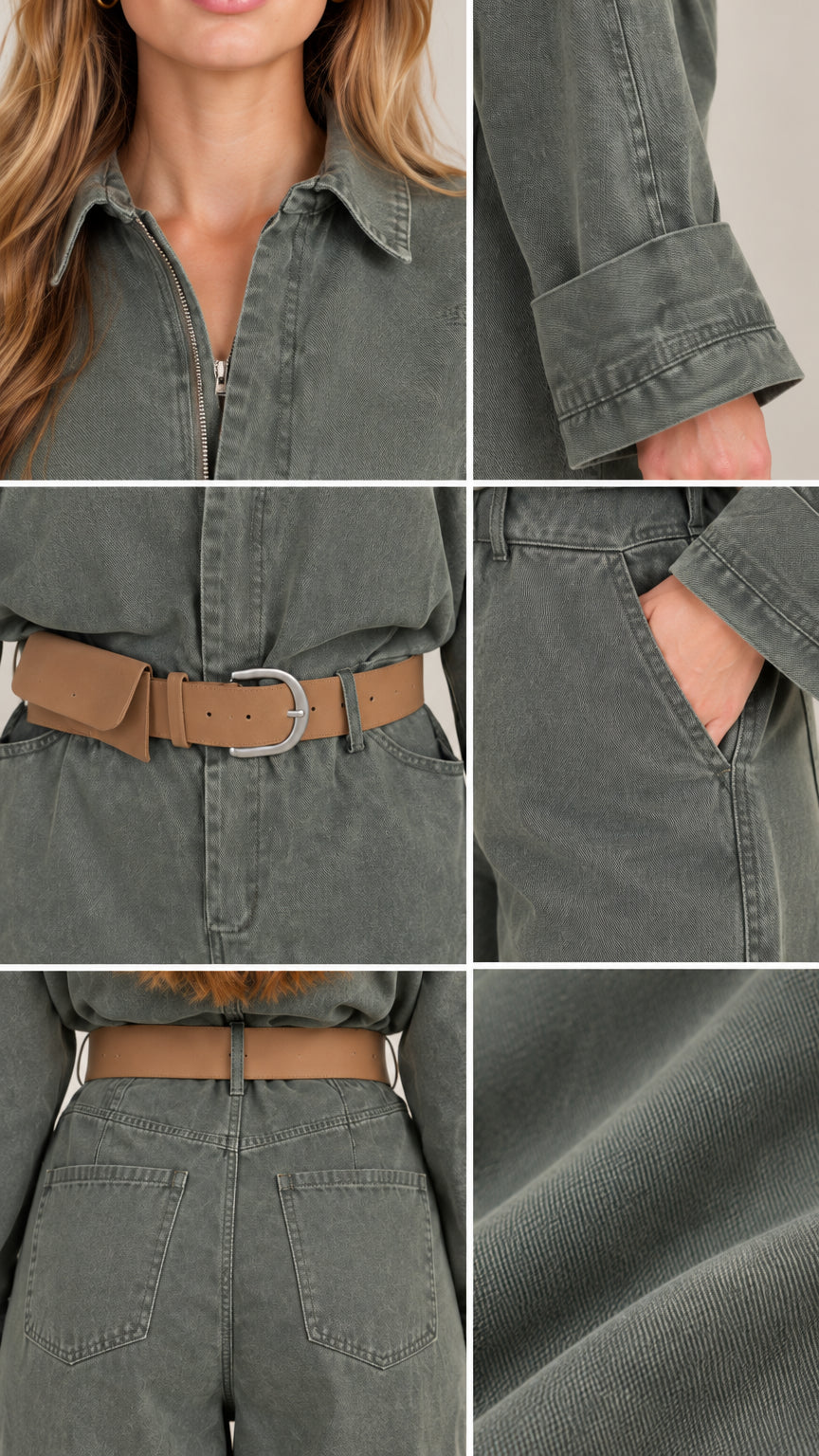 Close up details of collar, zip placket, cuffed sleeves, pocket, and washed twill fabric