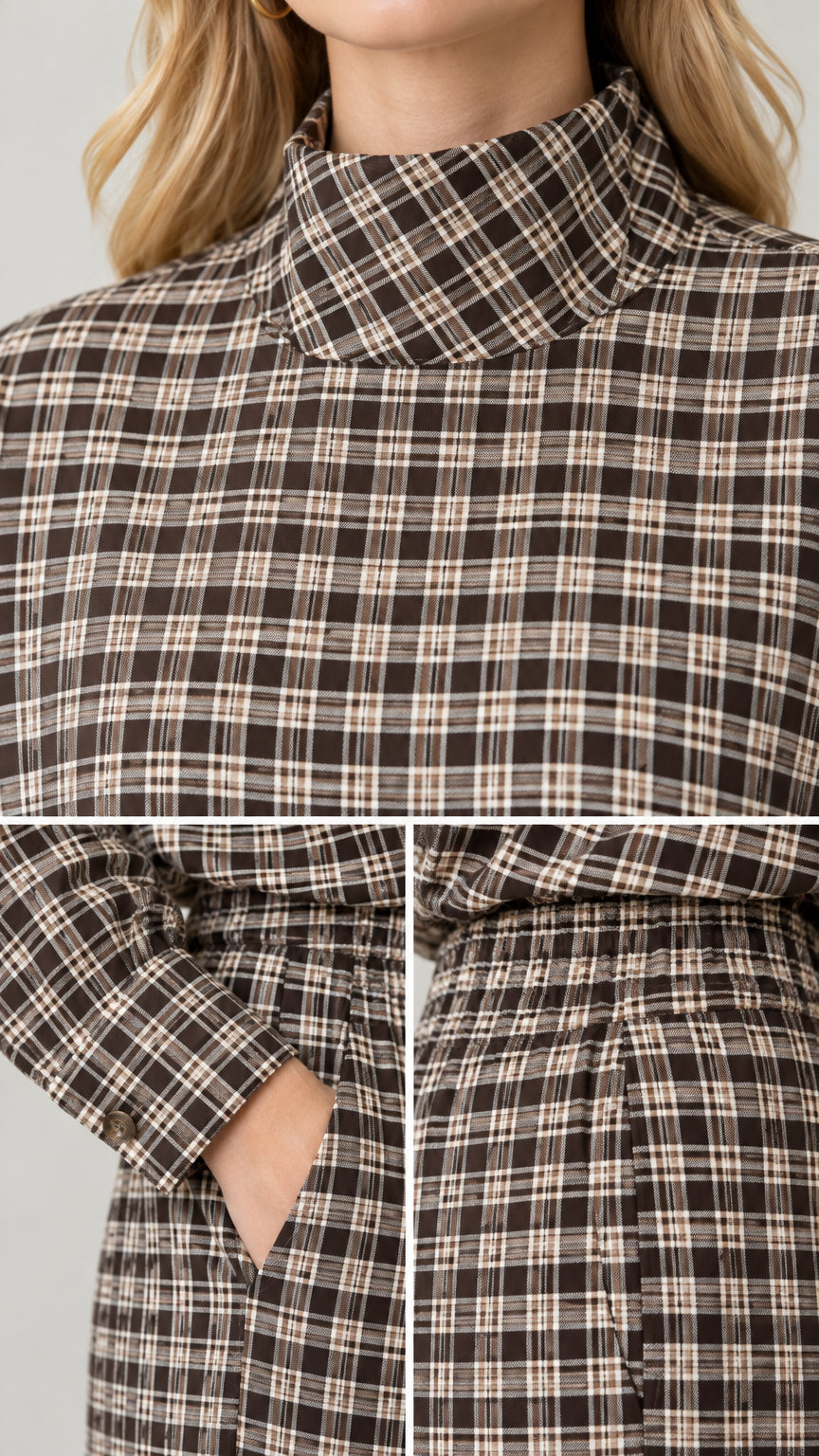 Close-up details of mock neck collar, sleeve cuff, and side pocket on plaid fabric