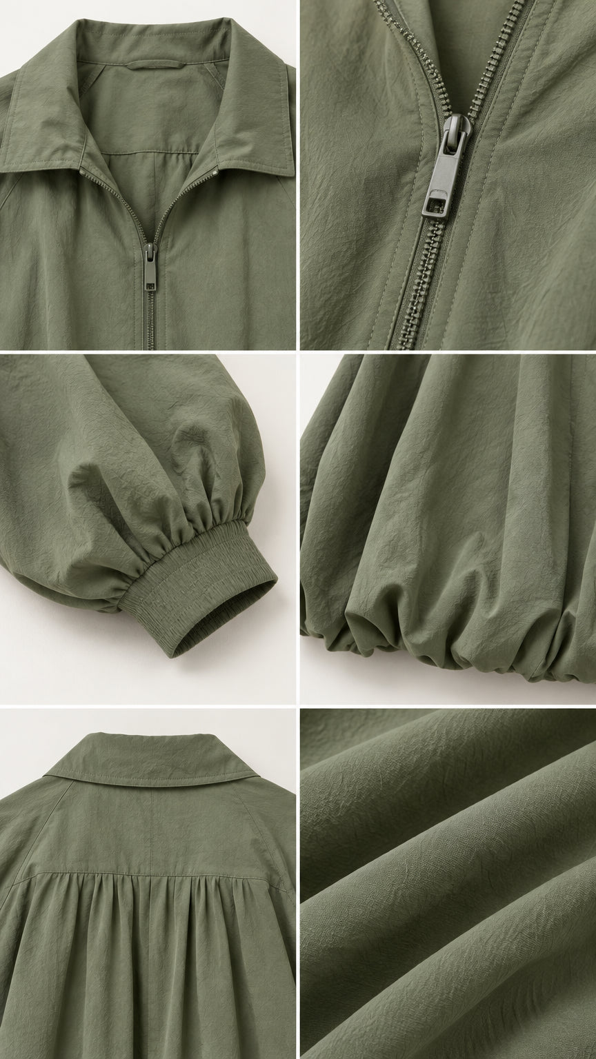 Close-up details of olive green bubble jacket showing collar, zipper, cuffs, and textured fabric