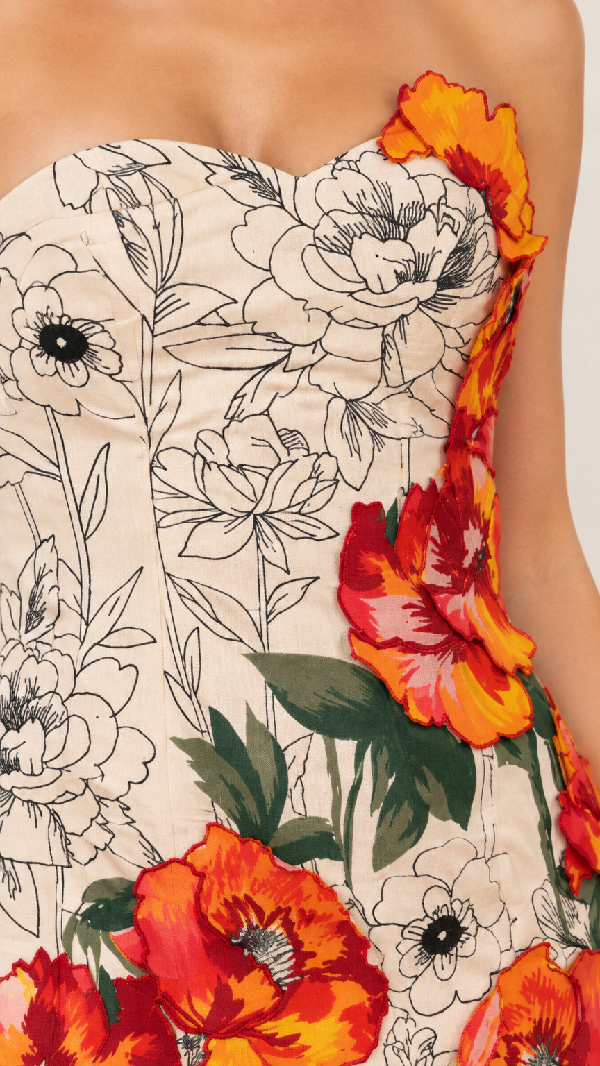Close-up detail of sweetheart neckline and floral print on cream dress