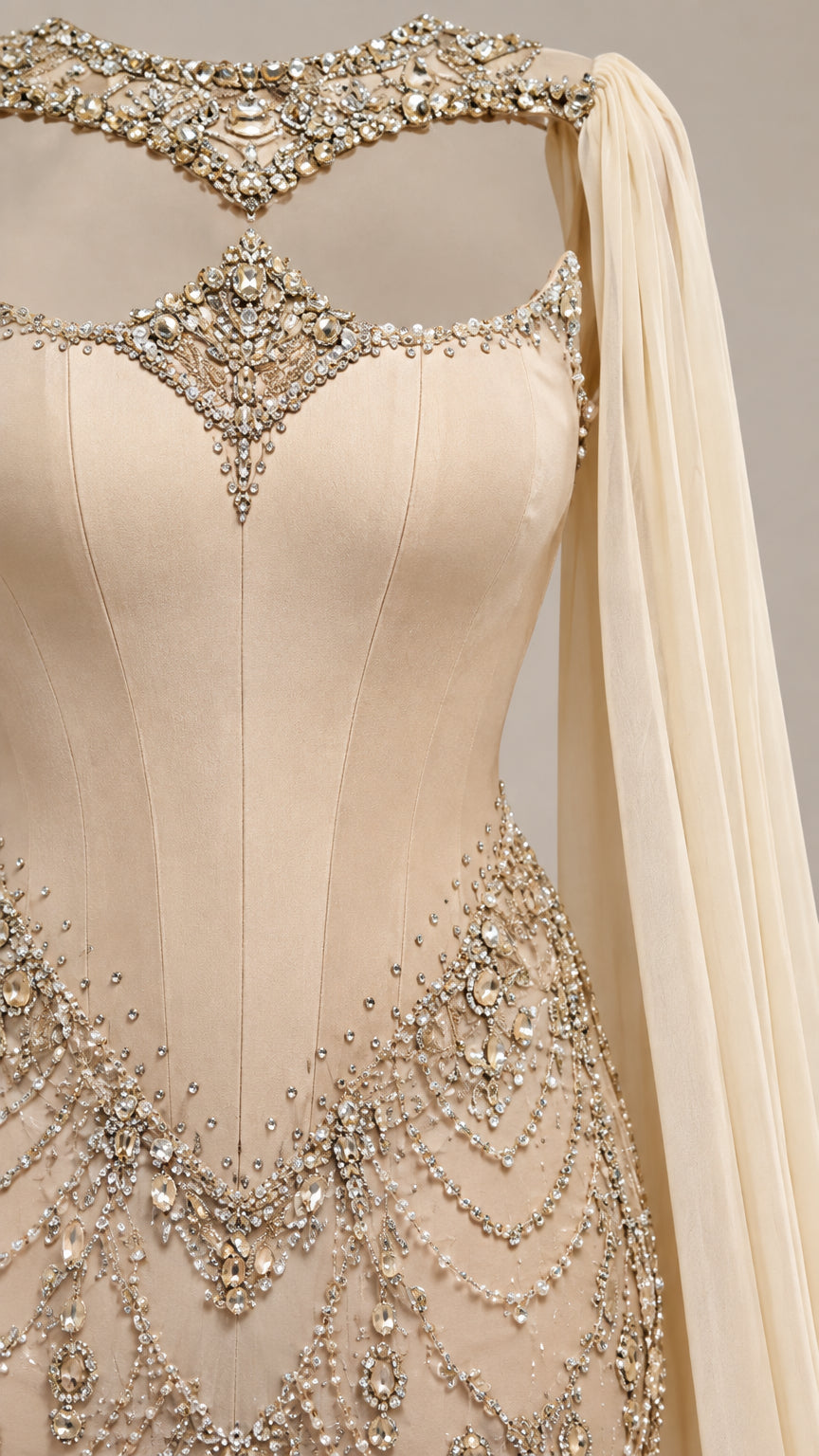 Close up of crystal embellished illusion neckline and corset bodice detail