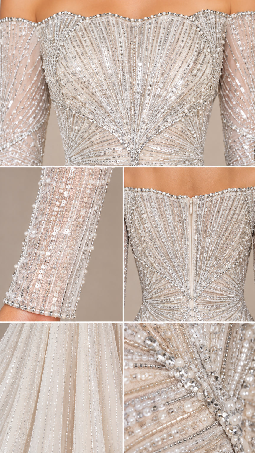 Close-up details of intricate crystal and pearl beadwork on bodice and sleeve