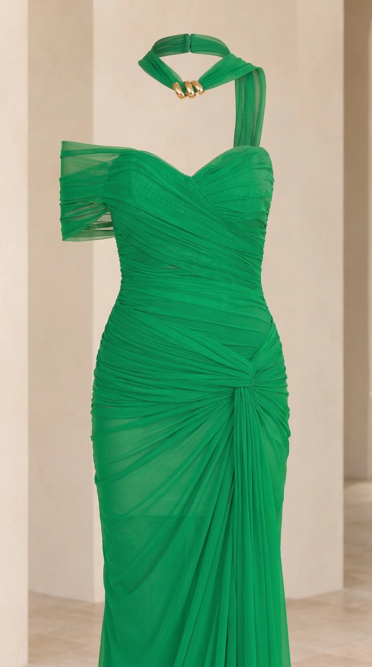 Close up of emerald green gown bodice with halter neck hardware and sweetheart bust