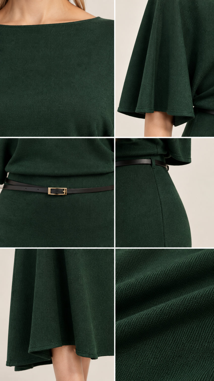 Close-up details of dark green knit dress showing neckline, belt, sleeve, and fabric texture