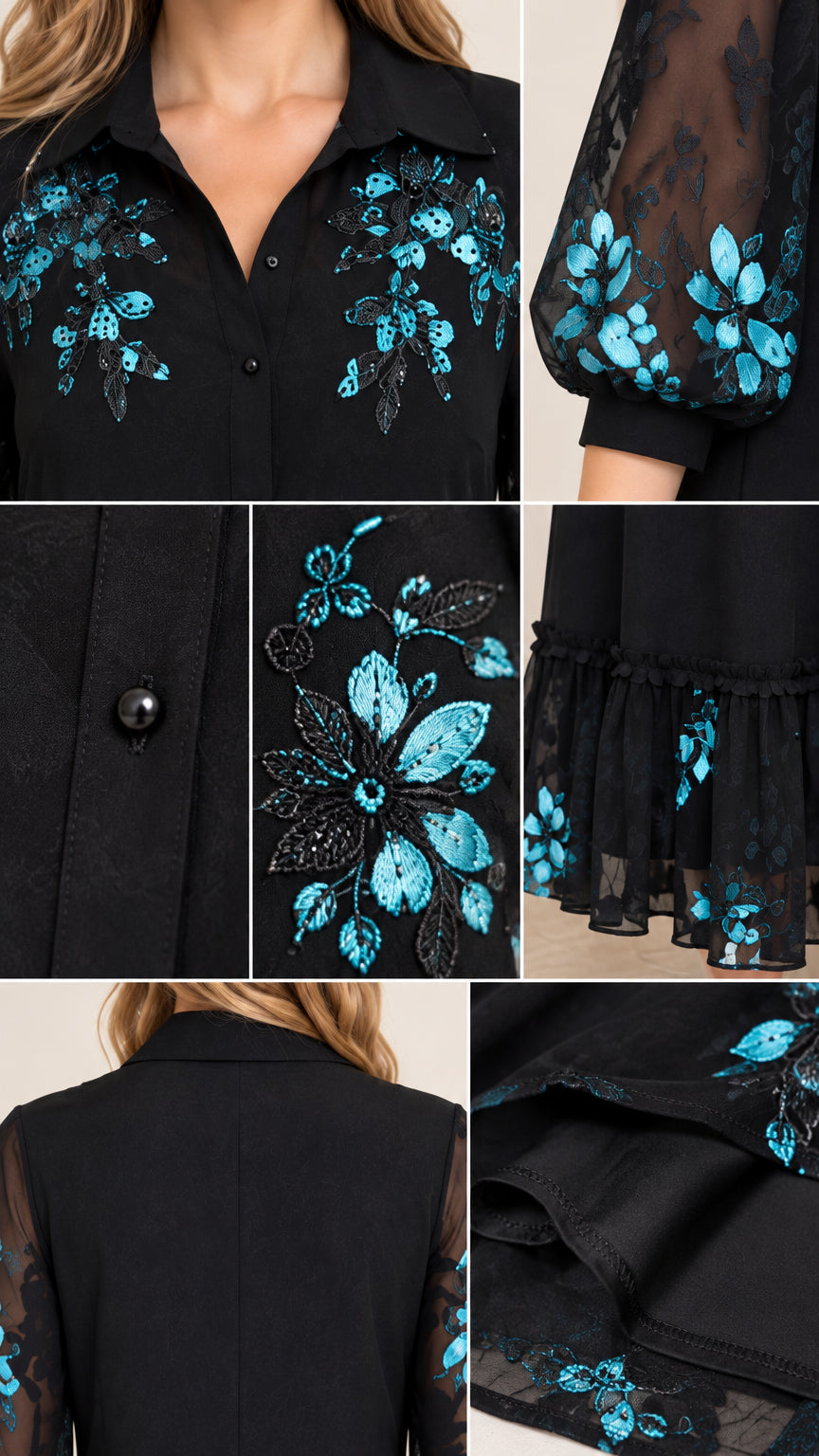 Detailed close-ups of turquoise floral embroidery, collar, buttons, and hemline