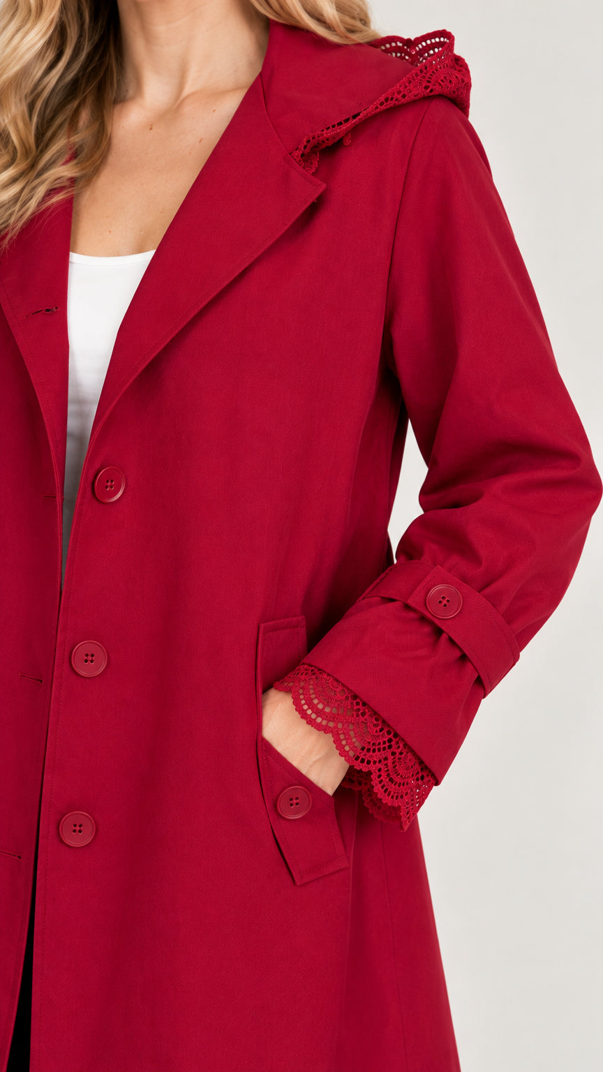Close-up of red trench coat button front and lace cuff detail