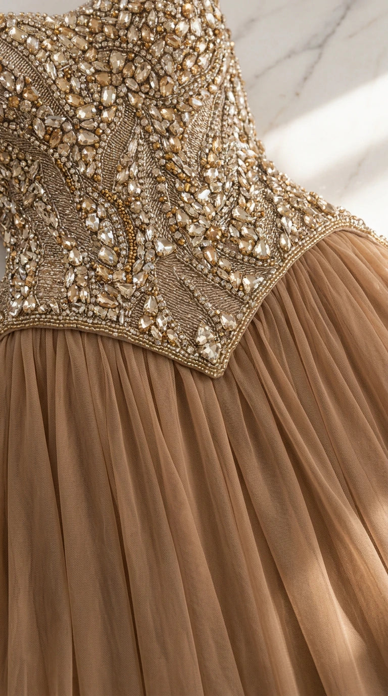 Close-up detail of intricate crystal beadwork and basque waistline on evening gown