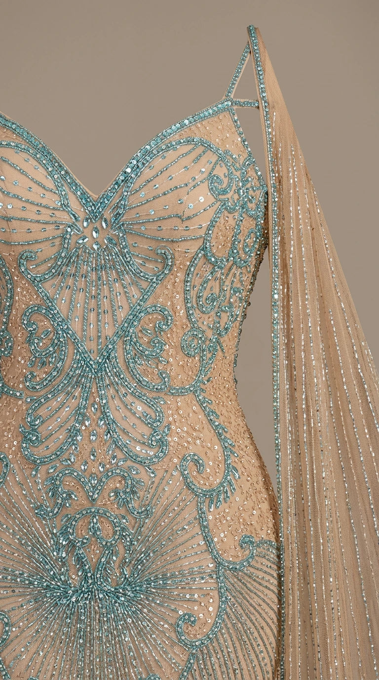 Close-up of intricate teal and silver beadwork on champagne sweetheart bodice