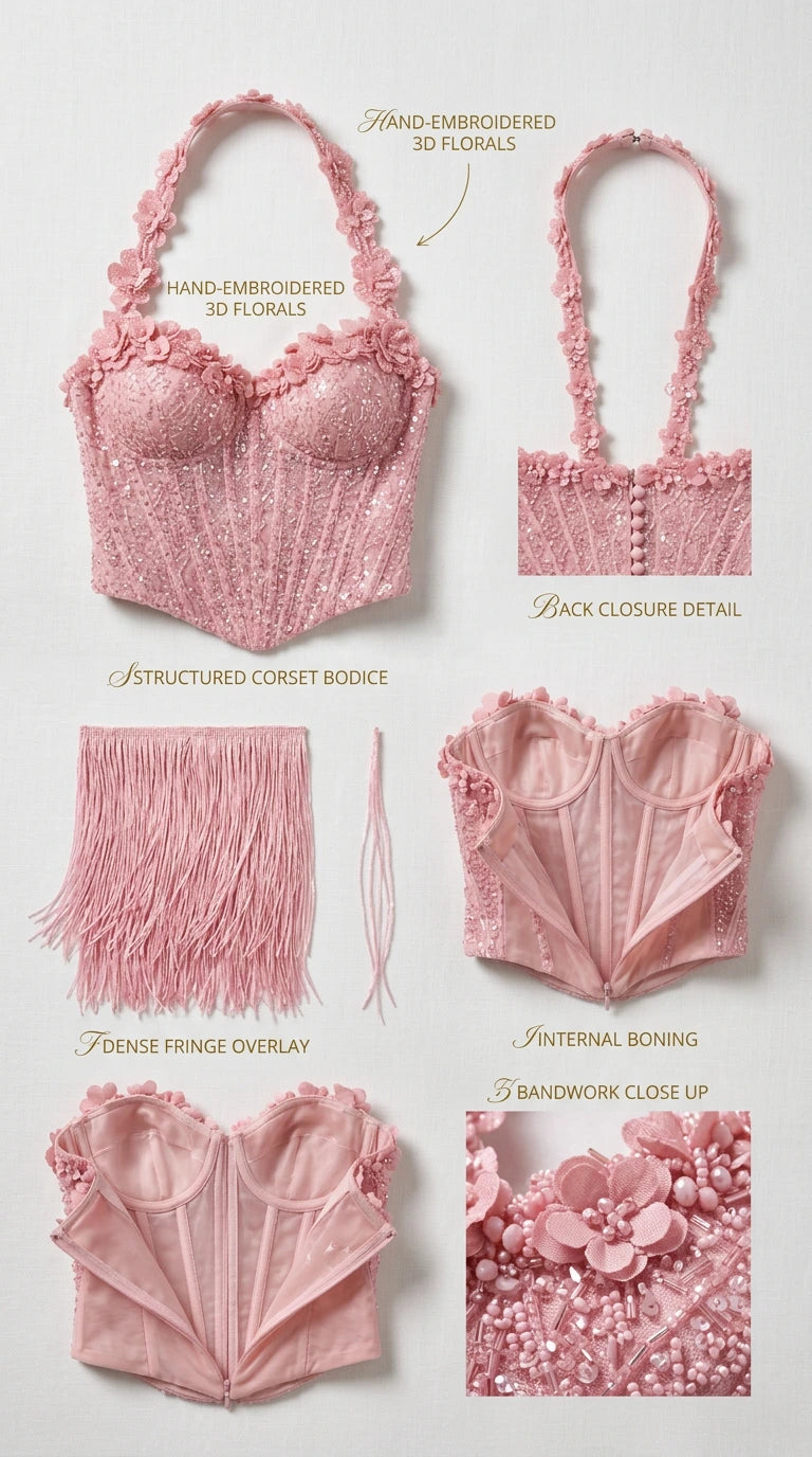 Detailed flat lay of corset bodice showing internal boning, 3D floral appliques, and fringe texture