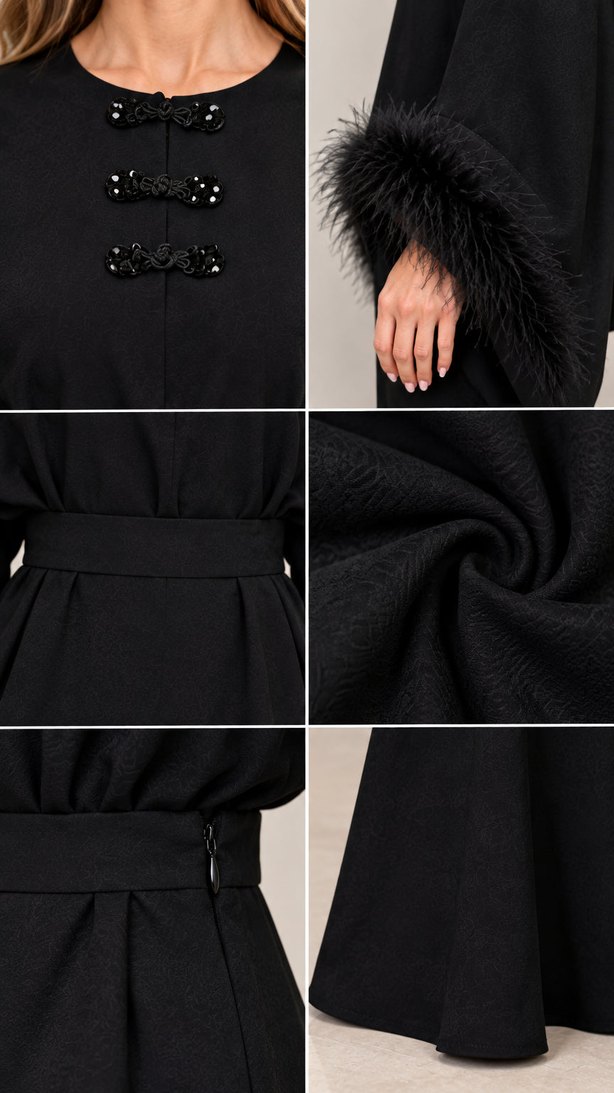 Close-up details of beaded frog closures, feather cuffs, waistband pleats, and woven fabric
