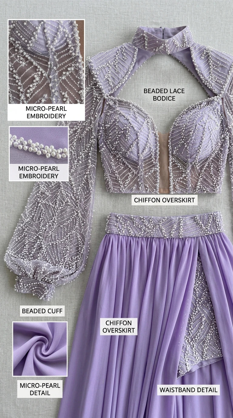 Detailed flat lay of lavender beaded lace bodice and chiffon overskirt fabric details