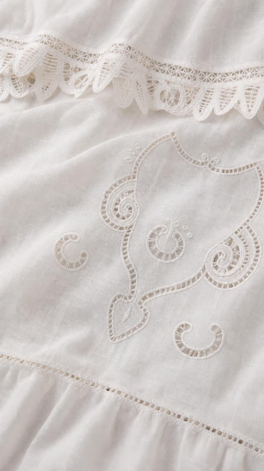 Close-up detail of fabric texture, lace trim, and eyelet embroidery