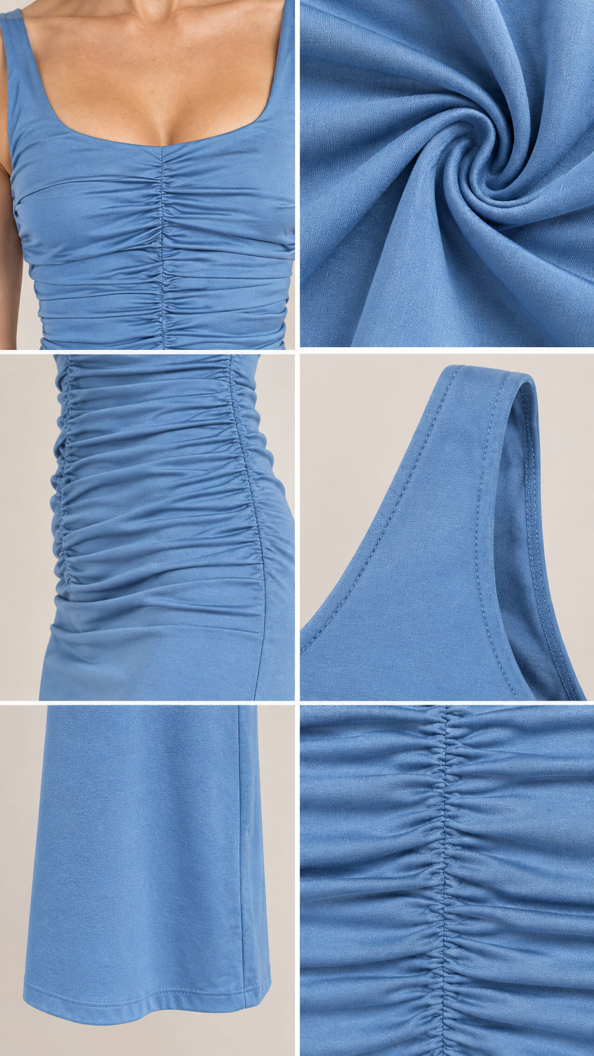 Detailed close-up collage of ruched fabric texture, stitching, and hemline