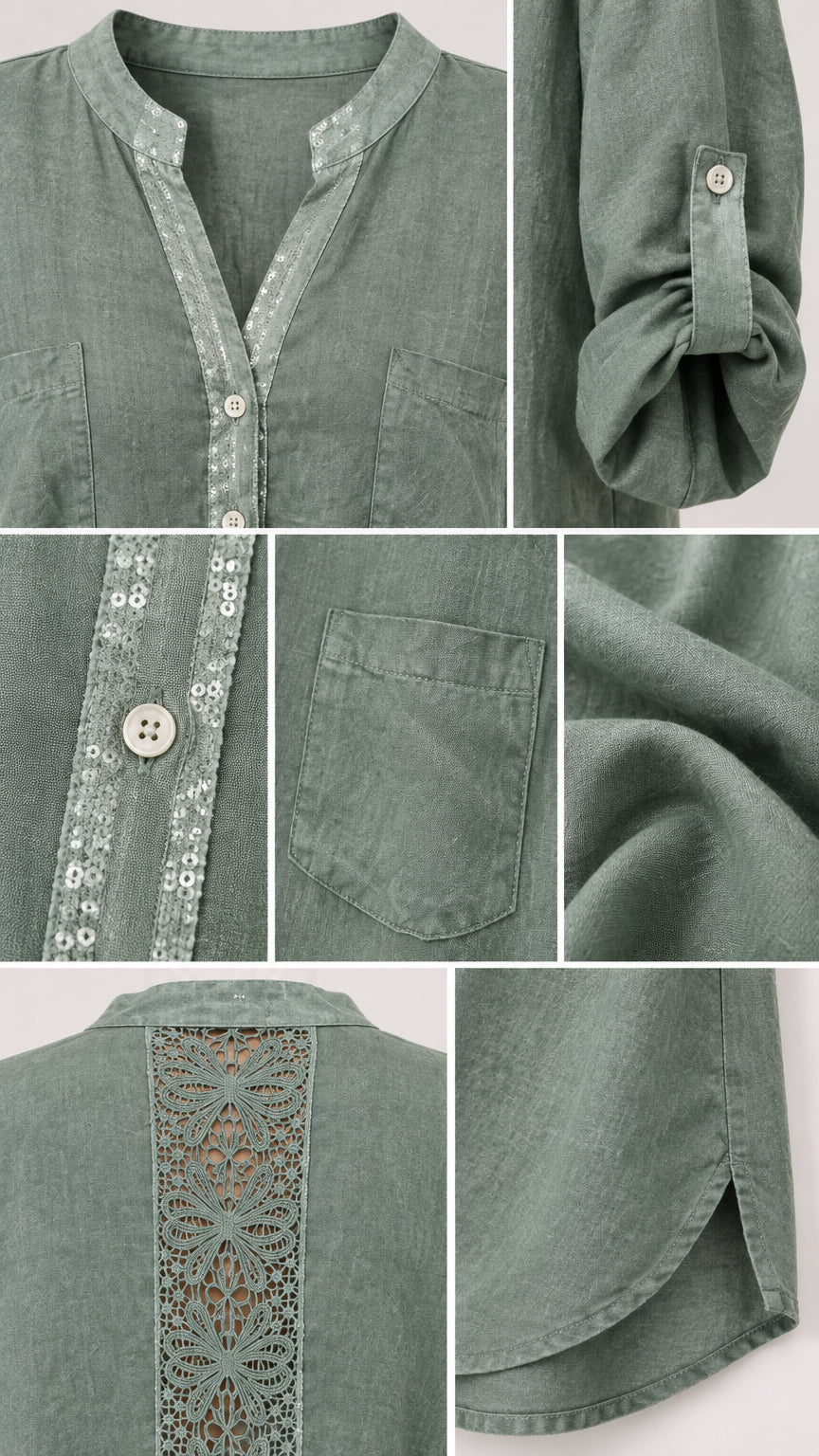 Detailed close-ups of sequin placket trim, roll-tab sleeve, chest pocket, and lace back