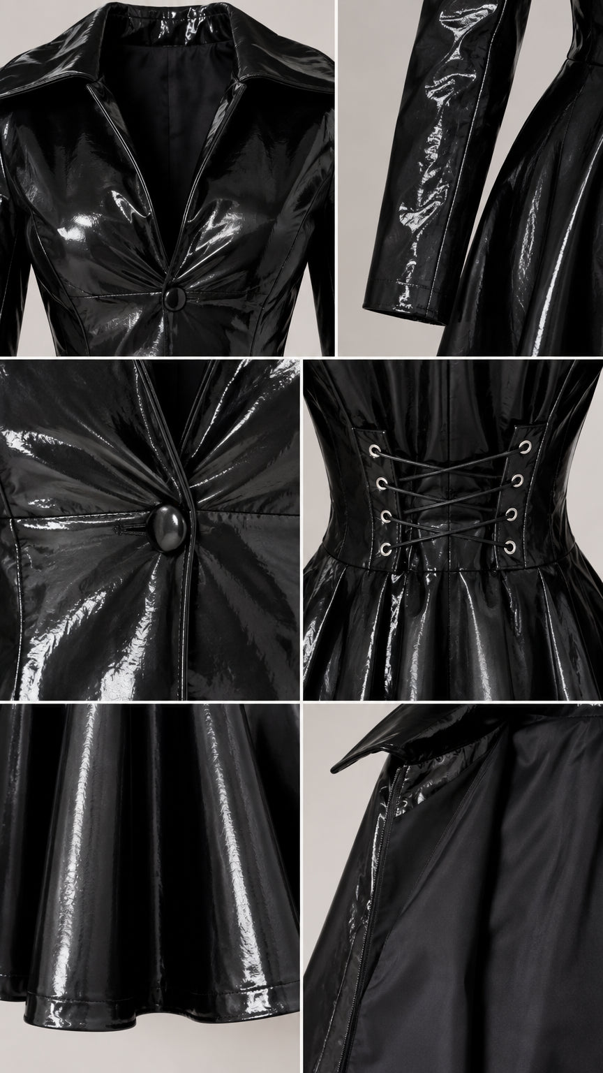 Detailed close-ups of collar, sleeves, button closure, and corset back