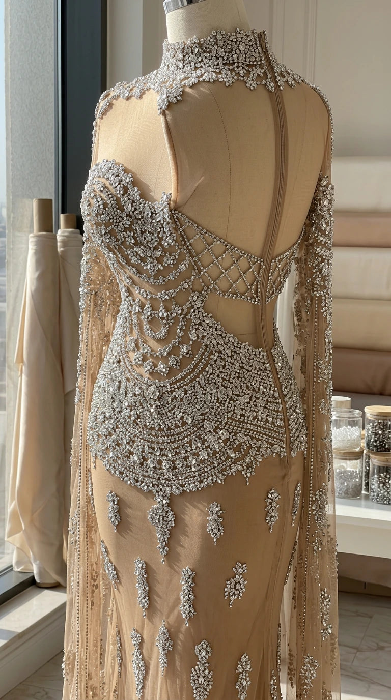 Close-up detail of sheer mesh back and intricate silver rhinestone beadwork