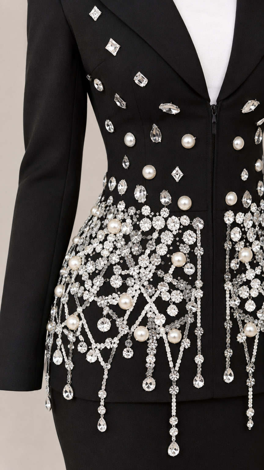 Close-up detail of intricate pearl and crystal beading with hanging fringe on black blazer