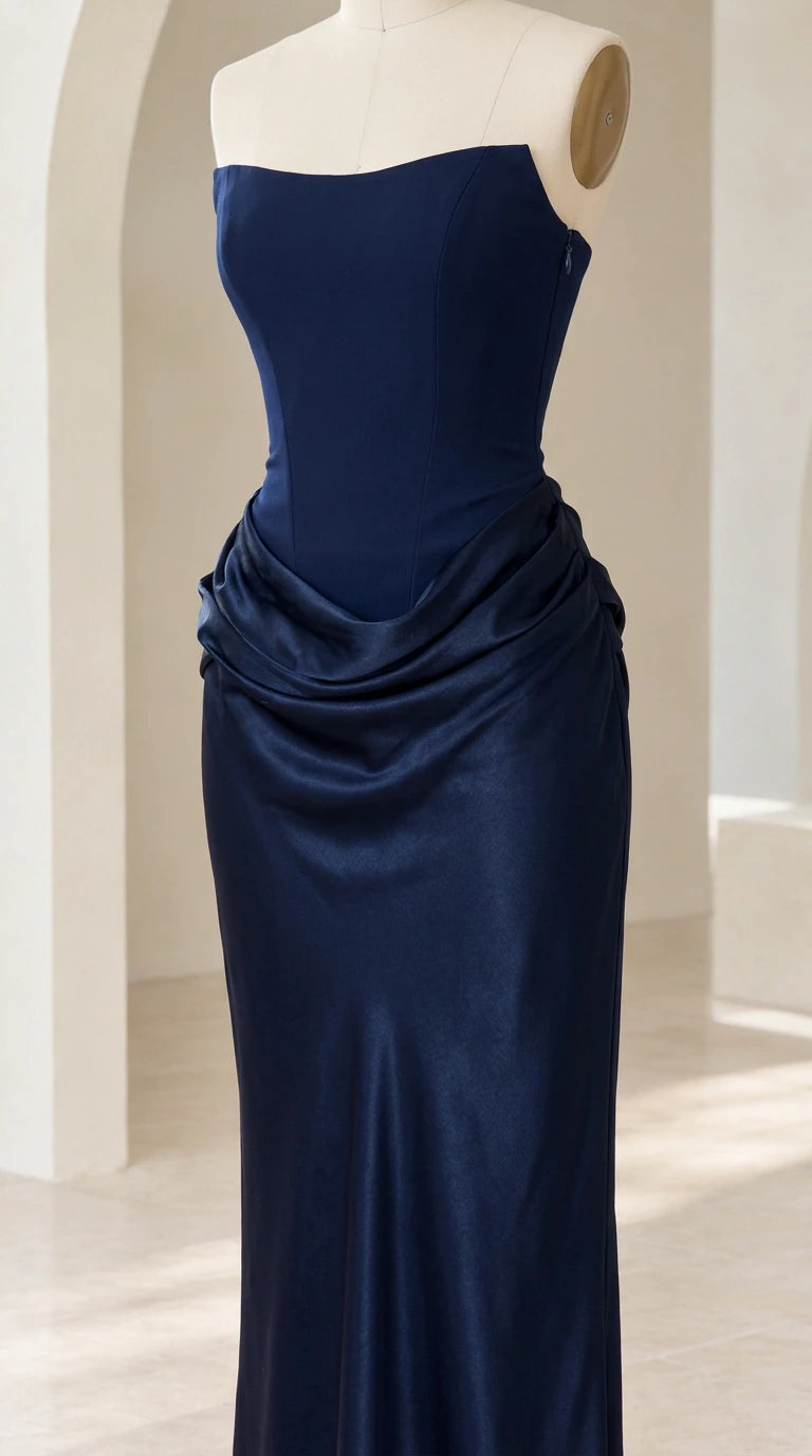 Navy Blue strapless satin dress draped waist detail on mannequin