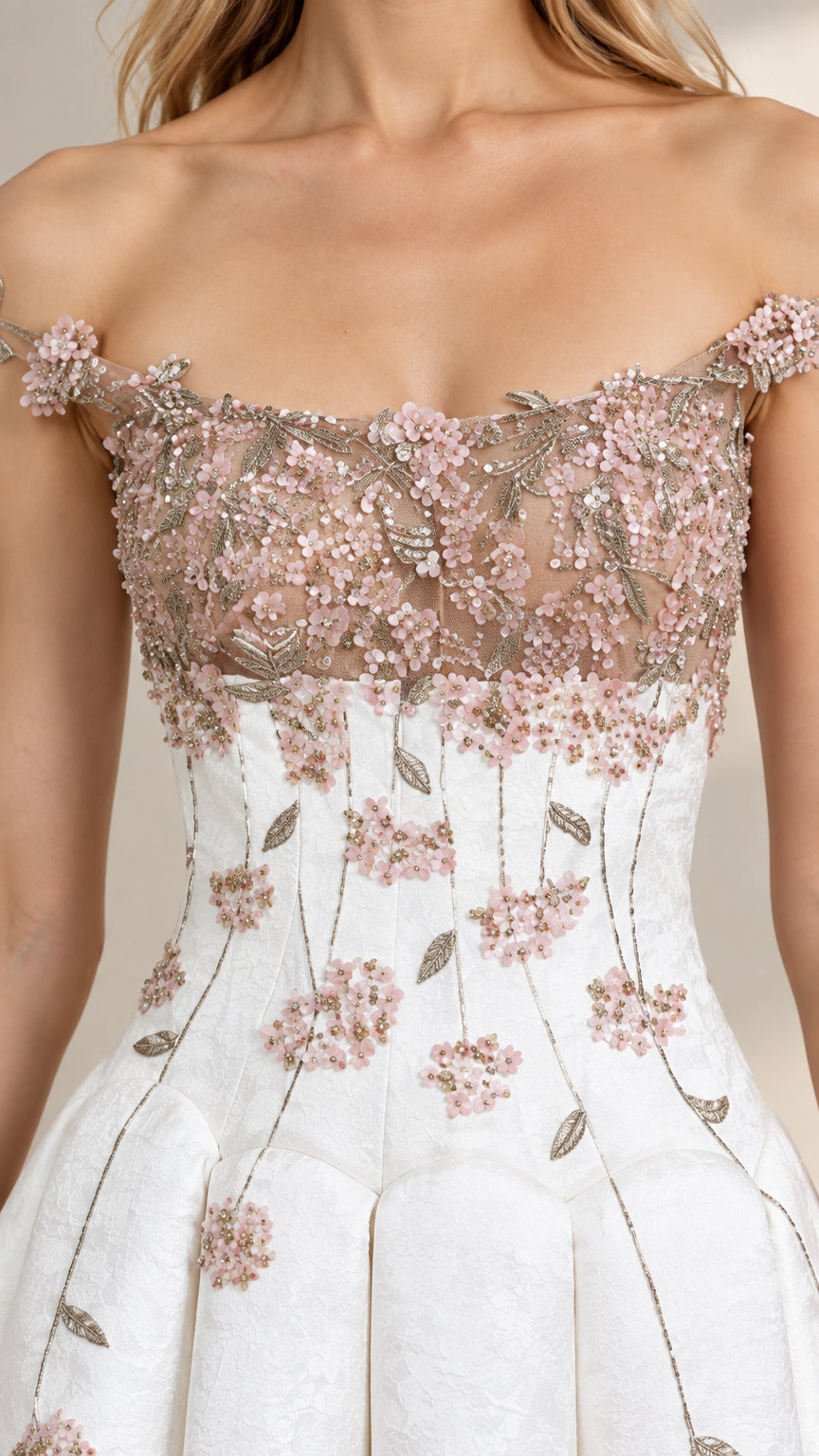 Close-up detail of bodice showing 3D floral applique, sheer mesh neckline, and structured pleating