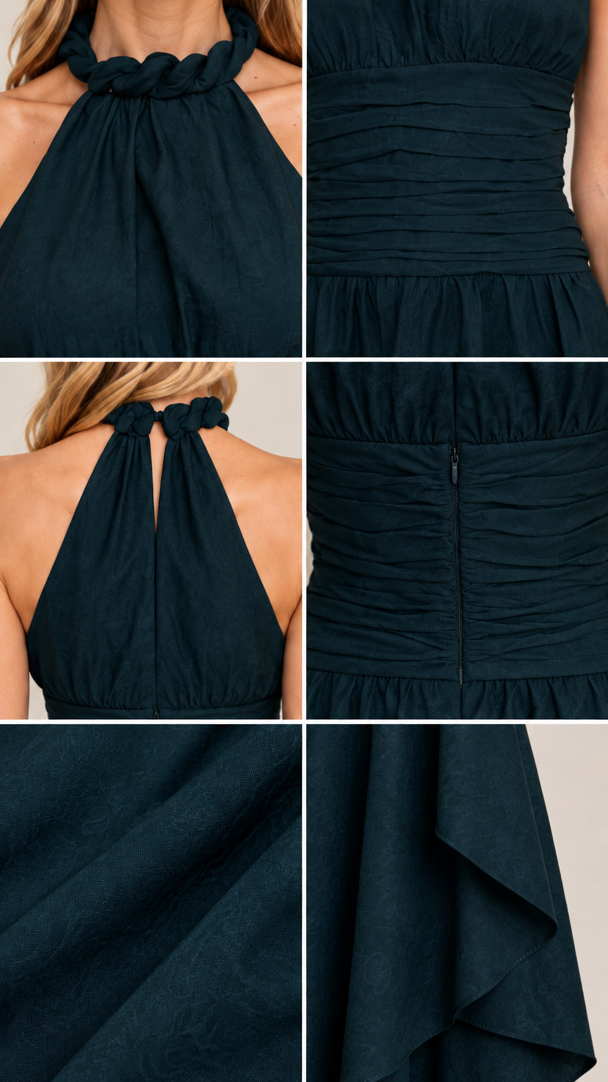 Close-up details of dark green dress showing twisted halter neck and ruched waist