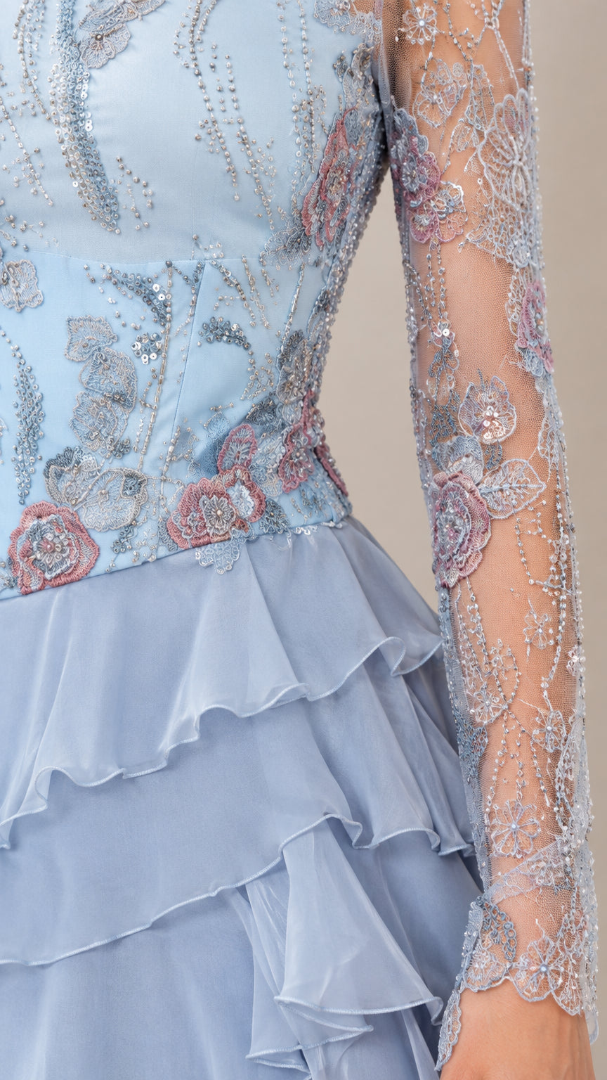 Close-up detail of floral embroidery and beading on Sky Blue bodice and sleeve