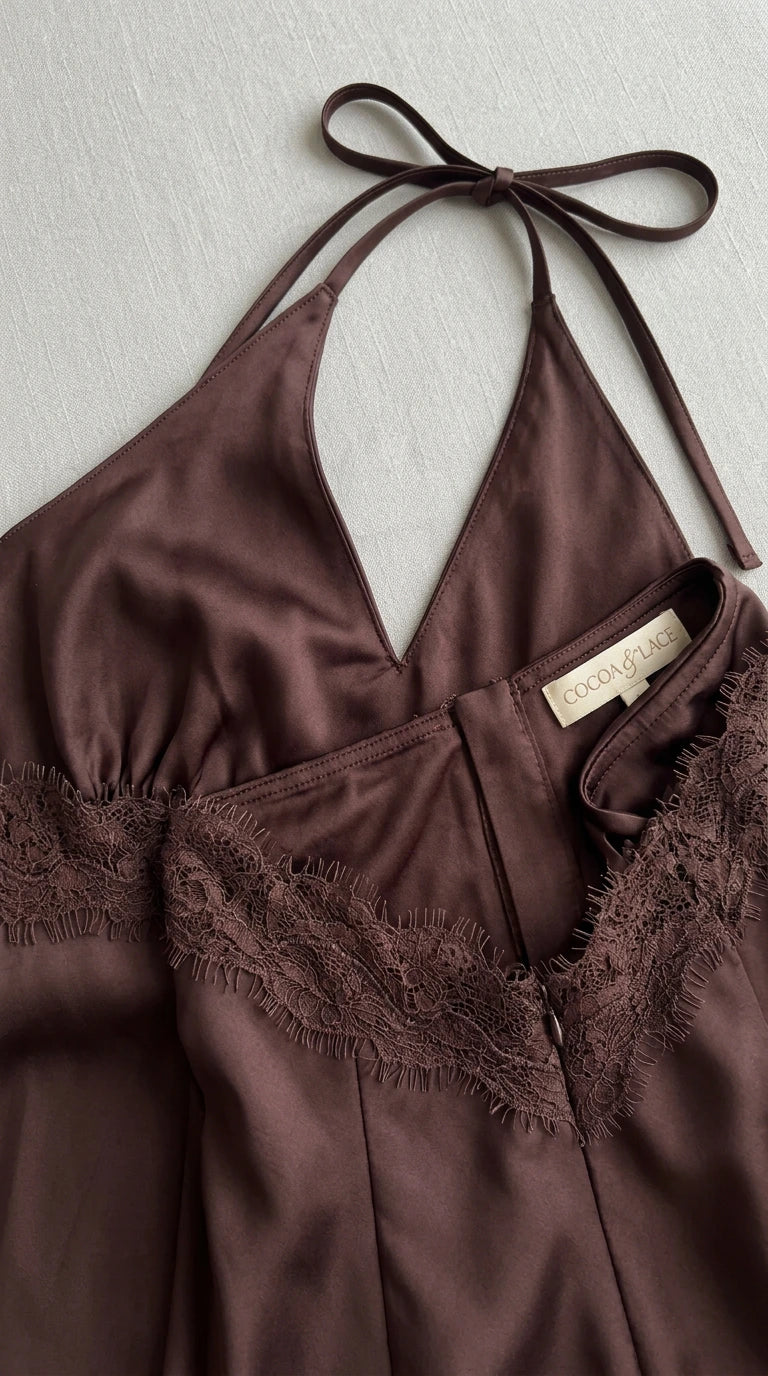Close-up detail of Chocolate Brown Satin Halter Neckline and Eyelash Lace Trim