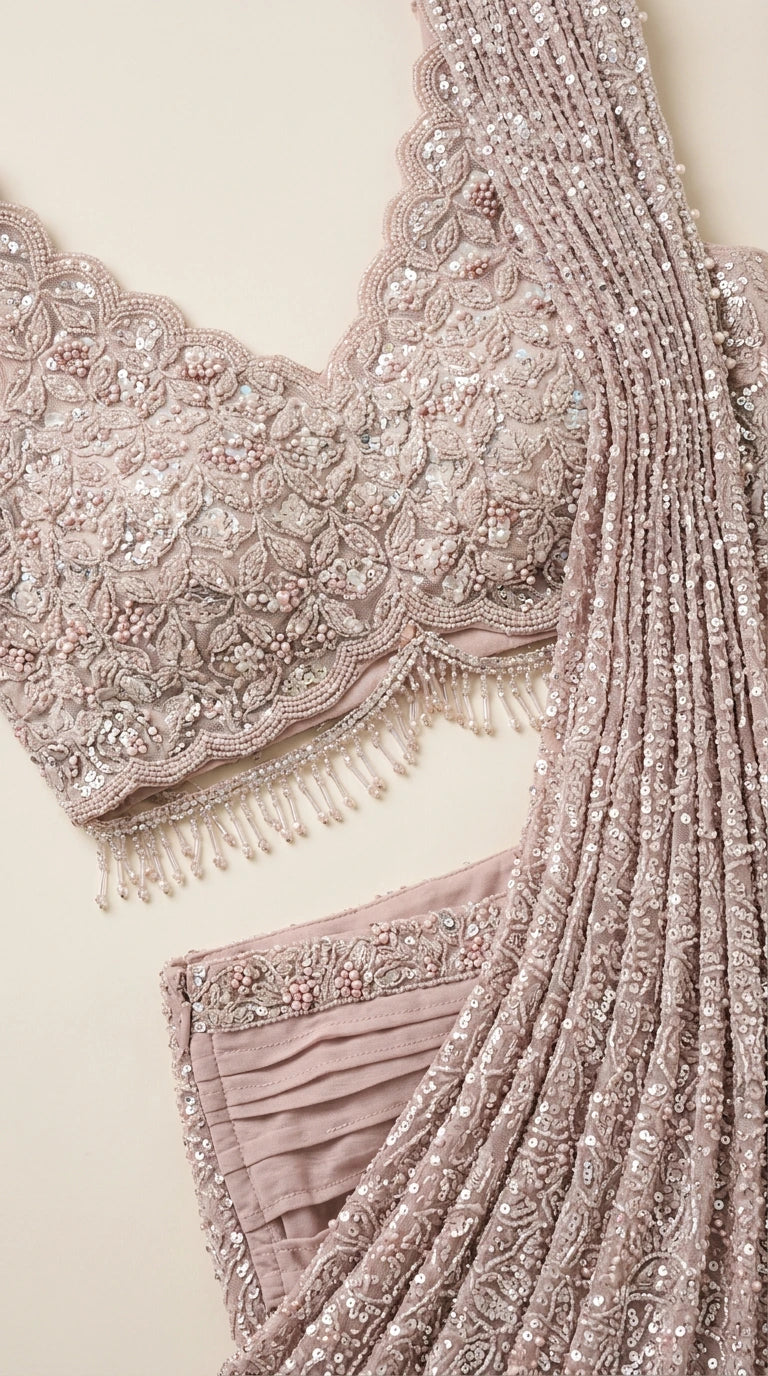 Close-up detail of beaded floral embroidery, scalloped hem, and sequined pleats