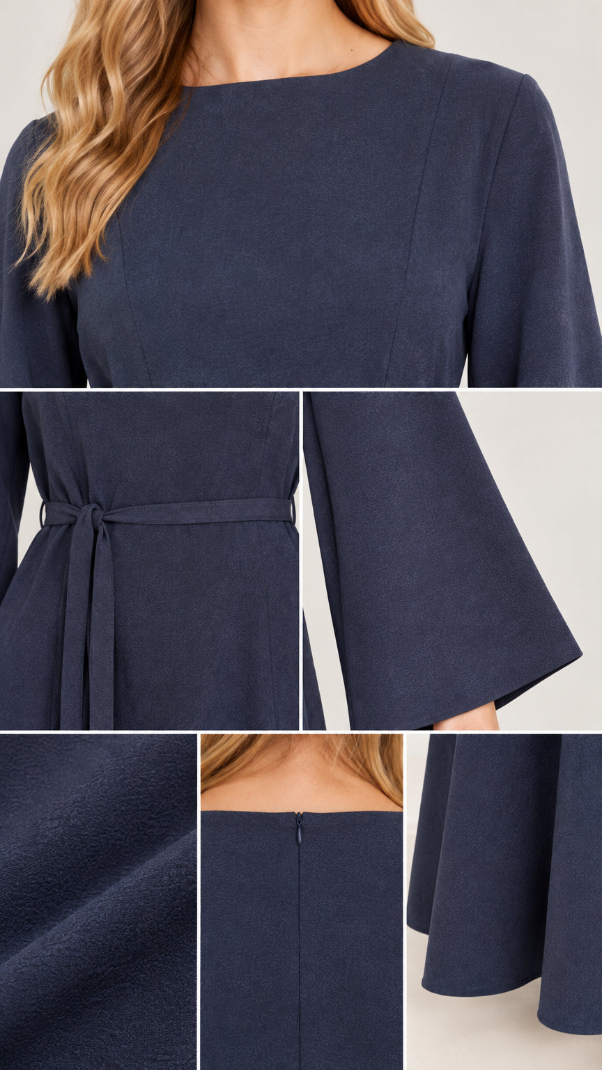 Detailed close-up collage of neckline, tie belt, bell sleeve, textured fabric, and back zipper