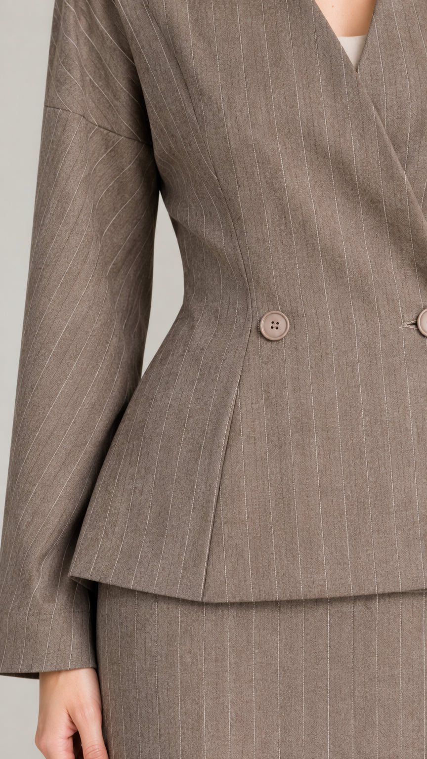 Close-up detail of double button closure and waist pleats on taupe pinstripe suit