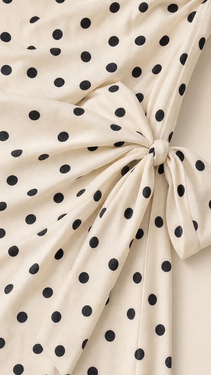 Close-up of fabric texture and waist tie detail on cream polka dot dress