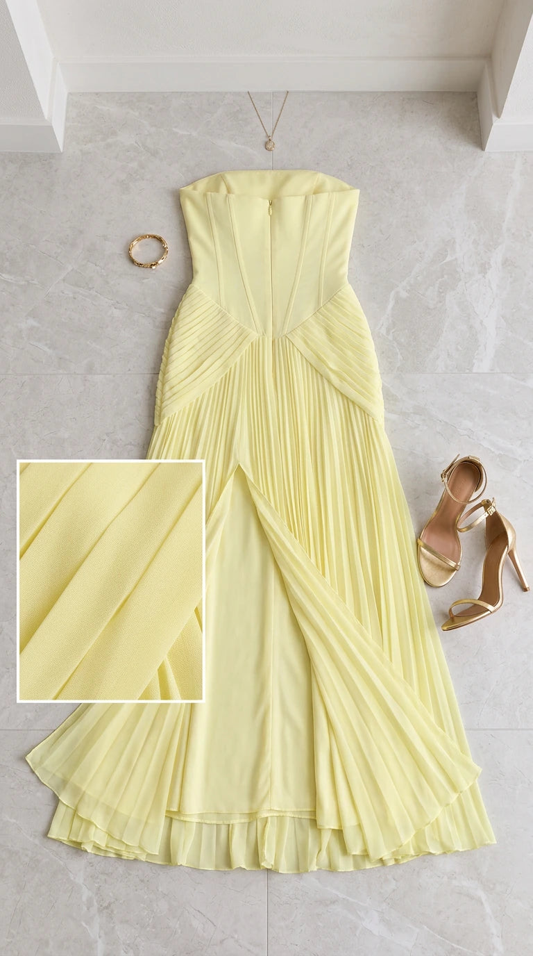 Flat lay and fabric detail of light yellow pleated strapless gown
