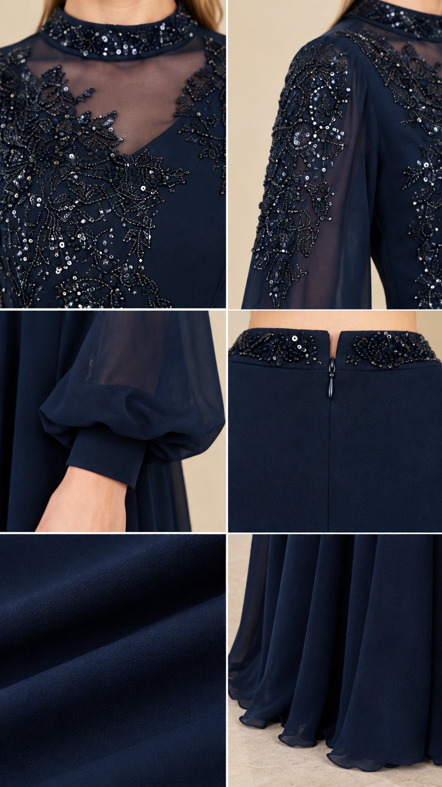 Close-up detail collage showing beaded neckline, shoulder embellishment, cuff, and chiffon fabric