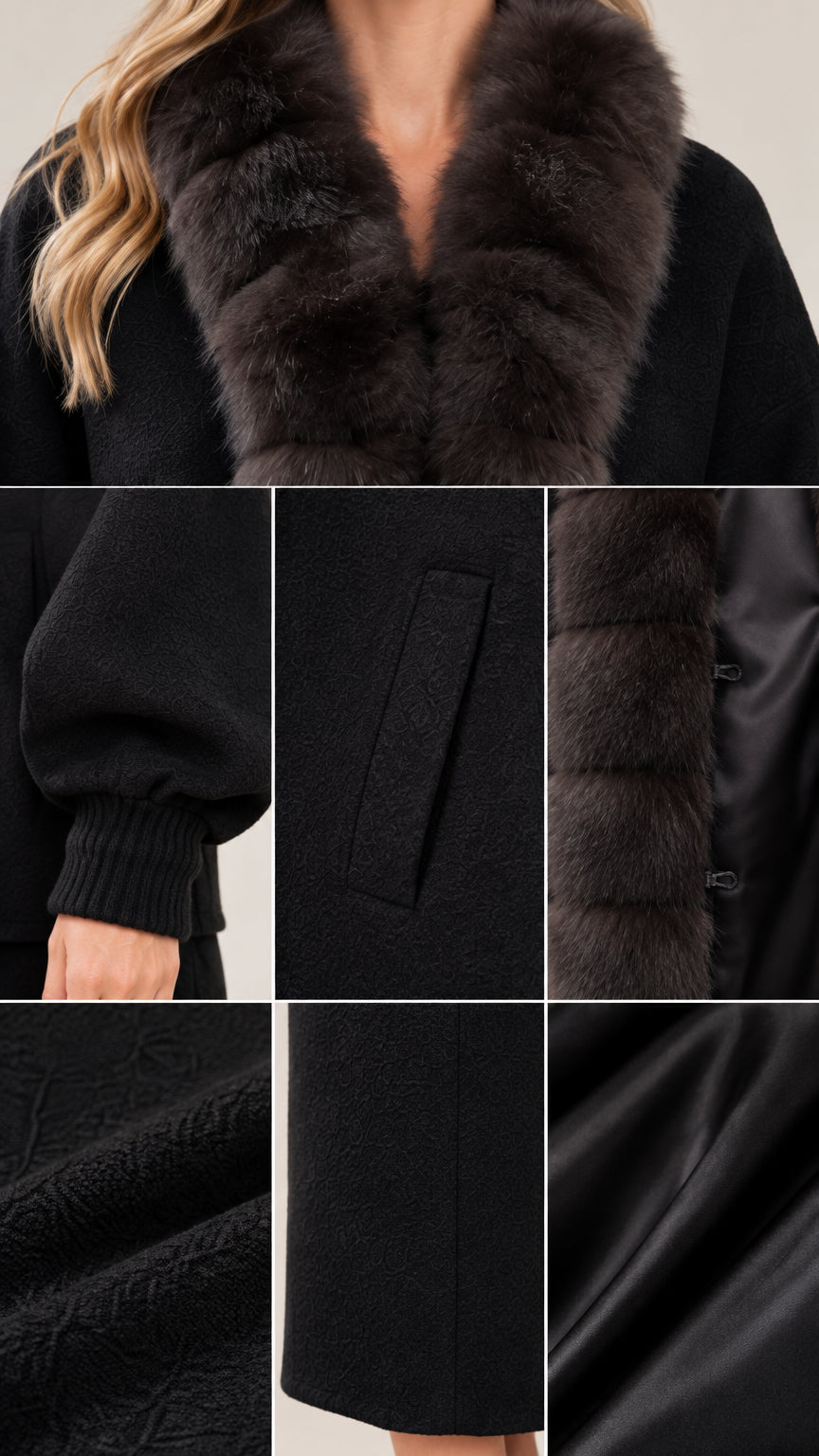 Close-up details of faux fur trim, ribbed cuff, pocket, knit texture, and lining