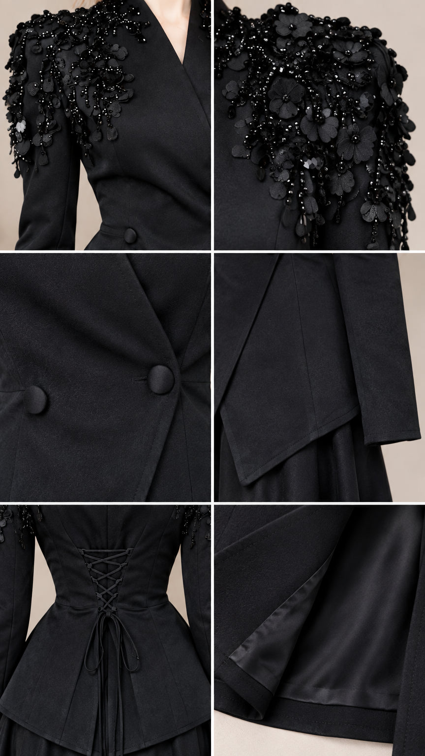 Close-up details of black 3D floral shoulder beading, covered buttons, and corset back