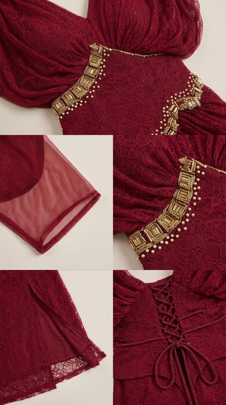 Close-up details of intricate beadwork, delicate lace texture, and corset back lacing