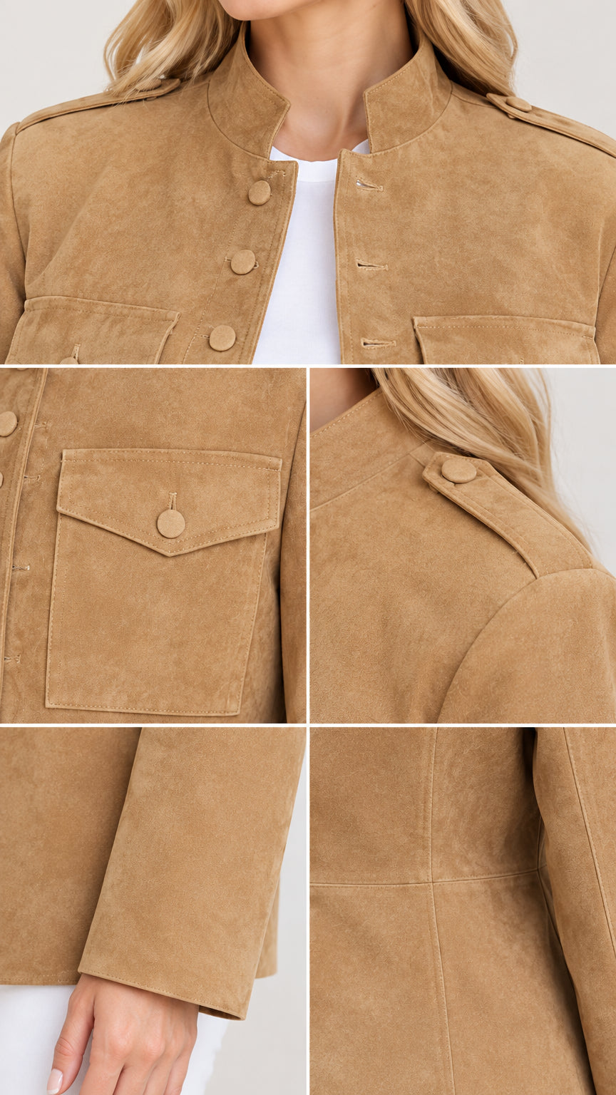 Close-up details of collar, shoulder epaulets, and chest flap pocket on Camel jacket