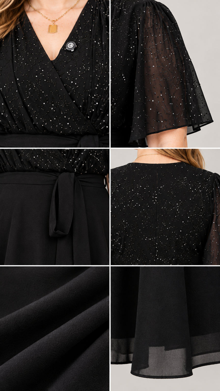 Close-up details of black glitter wrap bodice, flutter sleeves, waist sash, and chiffon hem