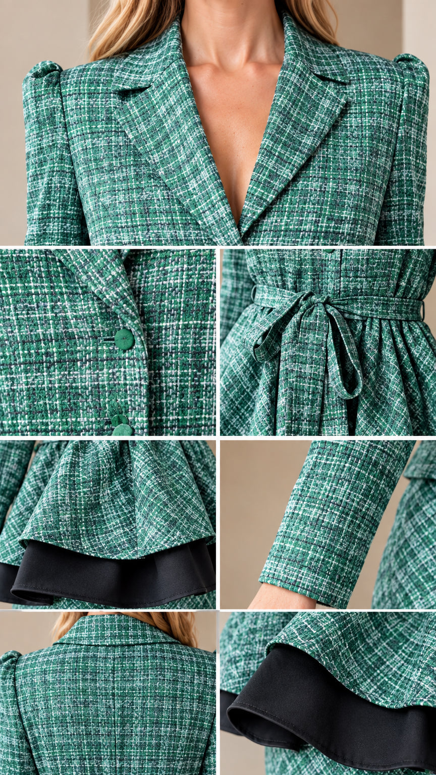 Close-up details of the green tweed fabric, lapel collar, waist tie, buttons, and contrast peplum hem